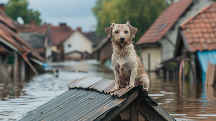 Wet dog sitting on roof of flooded house in flooded village