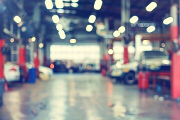 Fototapeta premium Blurred background of a car repair workshop with bright lights. Industrial and automotive service concept.