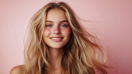 Fototapeta premium Portrait of a Smiling Young Woman with Blonde Hair and Freckles