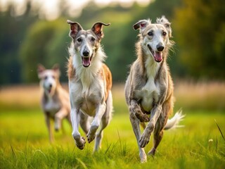 Obraz premium Active lurcher dogs speed across the grassy field, their energy and exuberance infectious as they chase after unseen treasures.