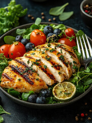 Grilled chicken with green salad and berries. AI generative.