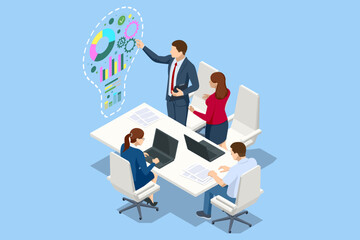 Isomtric business idea lights up like a bulb, becoming the foundation for a successful startup. With teamwork and brainstorming, success follows