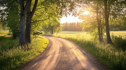 Obraz premium Sunlit country road during summer – Evokes a peaceful rural landscape, often used in travel or outdoor adventure themes