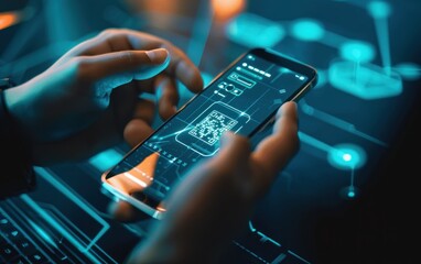 Hands holding a smartphone scanning a QR code in a digital futuristic interface. Technology and mobile payment concept.