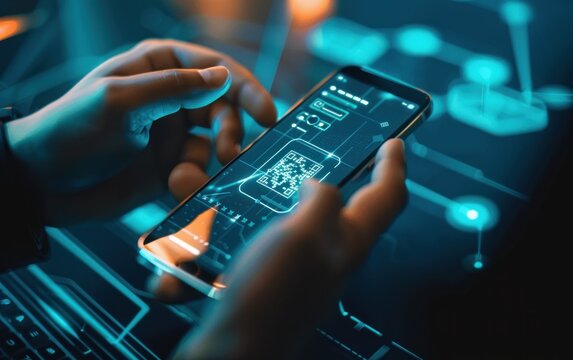 Hands holding a smartphone scanning a QR code in a digital futuristic interface. Technology and mobile payment concept.