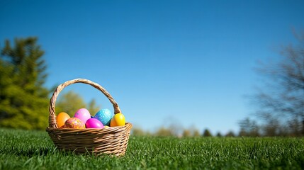 An Easter egg hunt scene featuring an empty basket on a grassy lawn under a clear blue sky, with ample copy space for text. Ideal for seasonal holiday concepts, family events