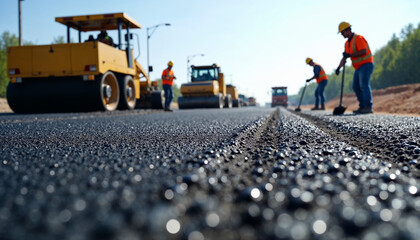 Highway construction site with workers laying asphalt on a sunny day using heavy machinery.






