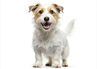 A fluffy white Jack Russell Terrier stands upright on its hind legs, gazing directly at the camera with an irresistible smile, its eyes the focal point.