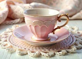 A fragile pink ceramic teacup with ornate handle rests gently on a soft white lace doily, surrounded by layers of delicate crocheted lace and antique charm.