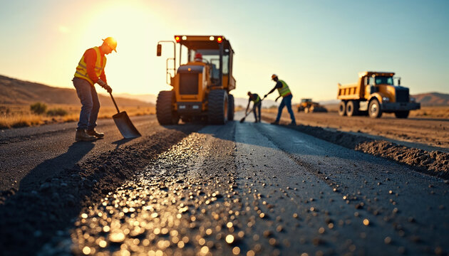 Highway construction site with workers laying asphalt on a sunny day using heavy machinery.






