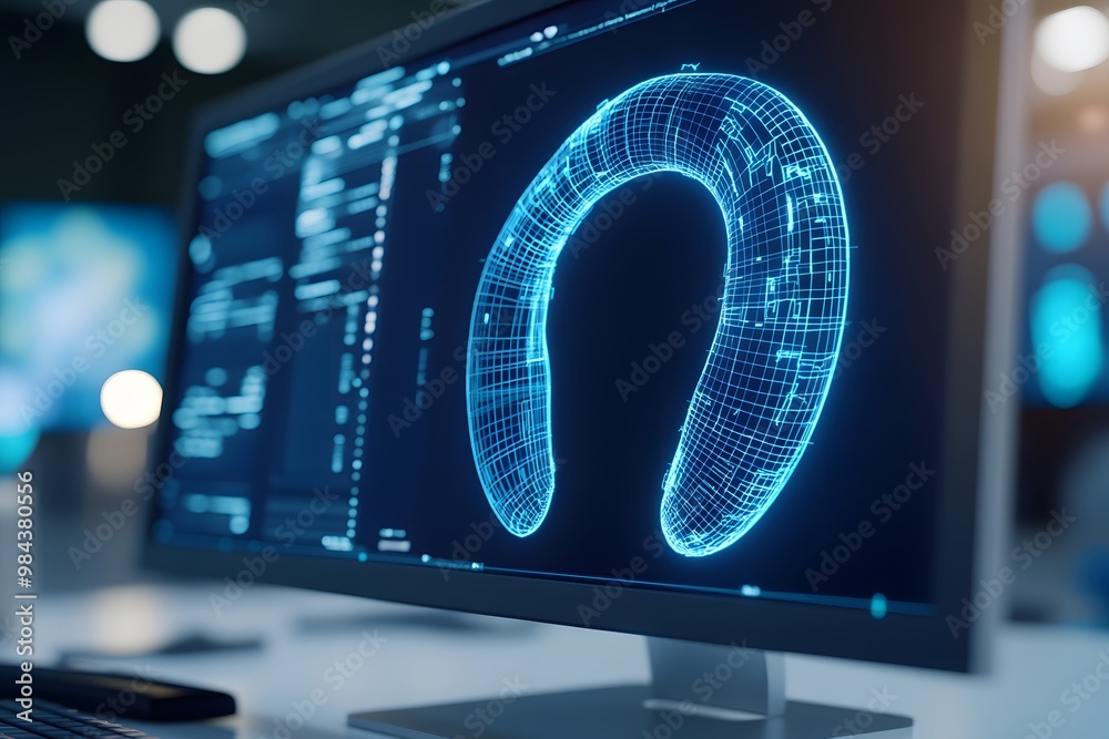 Fototapete close-up of a computer screen displaying a wireframe, blue digital model of a horseshoe against a da