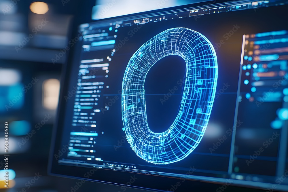 Fototapete Close-up of a computer screen displaying a wireframe, blue digital model of a horseshoe against a dark background
