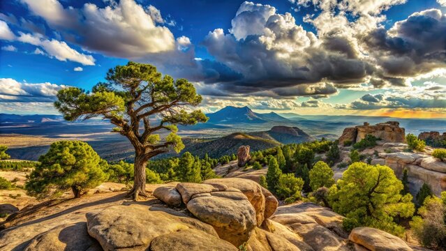 Aged pinon trees dot the rugged high-altitude plateau, their twisted branches reaching for the sky as rocky formations rise like sentinels from the rust-red earth.