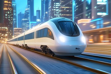 Fototapeta premium High-speed train in the city, a futuristic concept art style, city background 