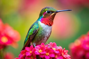 Obraz premium A hummingbird's iridescent feathers glisten as it sips nectar from a trumpet-shaped flower, its long beak and tiny feet suspended mid-air.