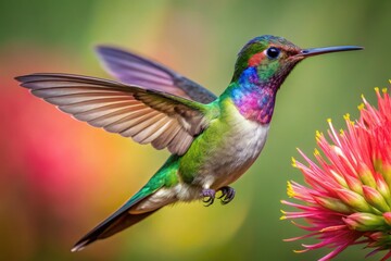 A hummingbird with shimmering feathers appears remarkably close to a blooming flower, its tiny beak poised for a sweet treat.