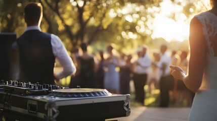 A DJ mixer in the foreground with a group of people out of focus in the background at an outdoor...