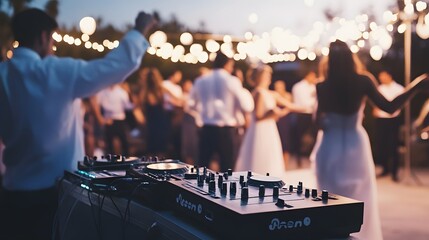 A DJ spins tunes for a crowd dancing under the string lights at a party.