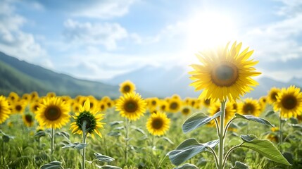 Fototapeta premium Vast Sunflower Field with Radiant Sun and Distant Mountains