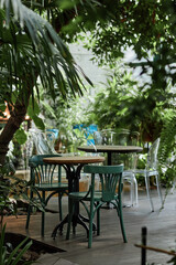Vertical shot of wooden and plastic modern furniture in eco cafe with plants inside