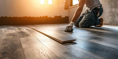 A professional worker lays laminate or wooden parquet flooring in a house.