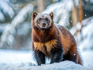 Obraz premium A lone, melanistic wolverine steeples itself in the crisp winter air, its fur a mottled brown and black as it surveys the snow-covered landscape with quiet intent.