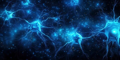 Digital rendering of a neural network in glowing blue hues, representing neuron activity and complex networks against a starry backdrop, suitable for neuroscience and AI visualization.