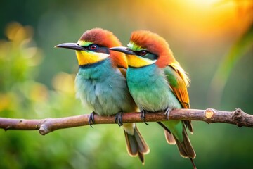 Obraz premium A loving pair of birds cuddle on a branch, beaks entwined, feathers ruffled, and soft feathers blending into a soft green blur.