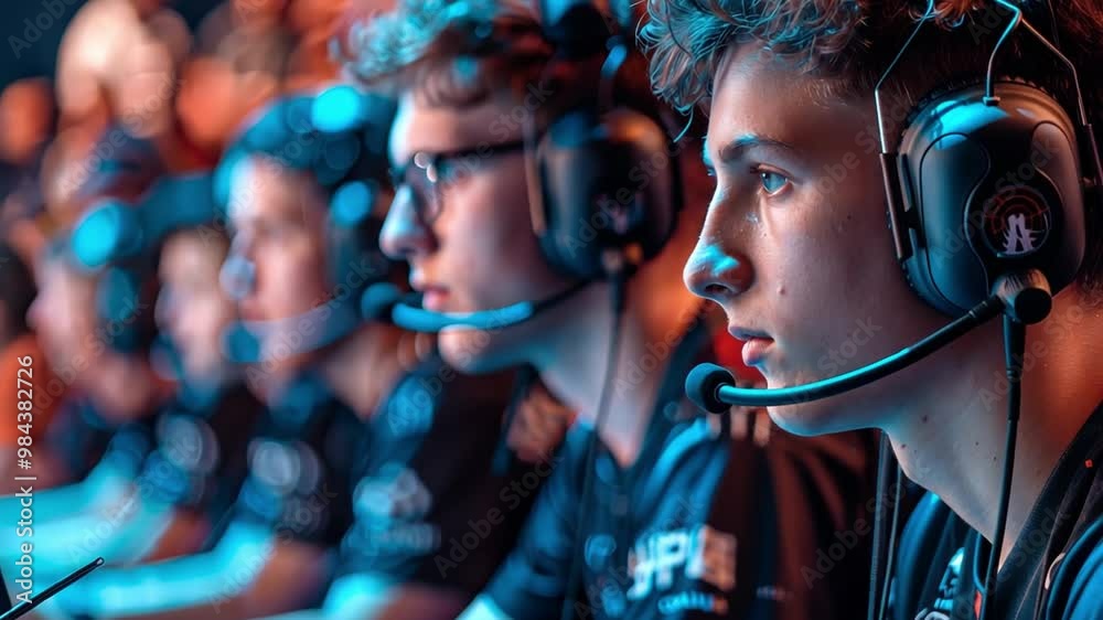 Poster a group of young gamers focuses intently on their screens during an esports tournament, showcasing i