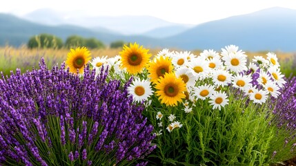 Obraz premium Serene Lavender and Daisy Meadow with Blooming Sunflowers under Gentle Breeze