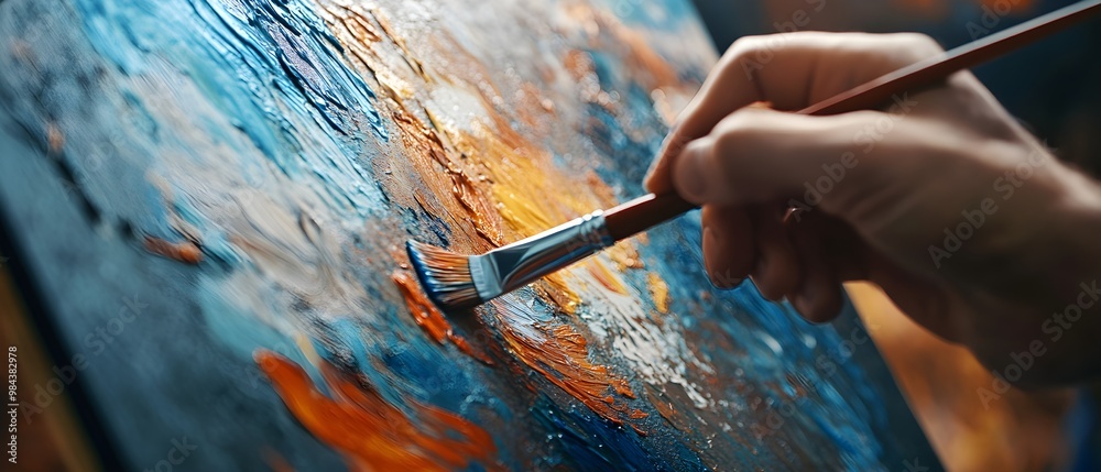 Poster a close-up shot of an artist hand using a paintbrush to create vibrant, textured strokes on a canvas