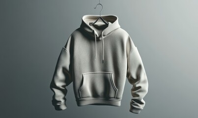 Plain white hoodie hanging on a hanger.