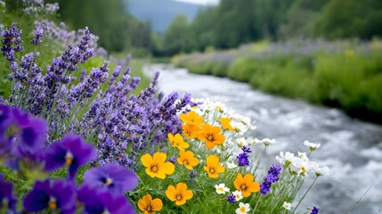 Obraz premium Peaceful Riverside Lined with Vibrant Lavender Buttercups and Violets