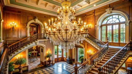 A majestic chandelier crowns the foyer of a storied estate, its opulent design a fitting tribute to the manor's storied past.