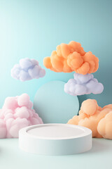 White circular empty product display podium surrounded by pastel pink, orange, and lavender cloud-like formations against light teal background. Product display background with copy space