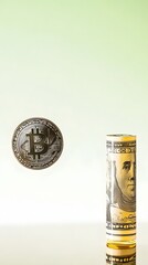 A bitcoin coin and a roll of US dollars are shown against a green gradient background.