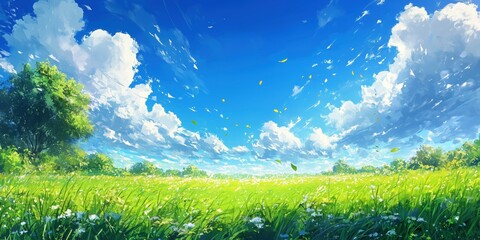 Nature photography background featuring green grass, bright blue sky, and fluffy white clouds for serene outdoor wallpapers or eco-themed designs.