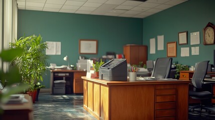 Workspace cubicle with office supplies, a phone on the table, and a nearby printer, set in a busy office building