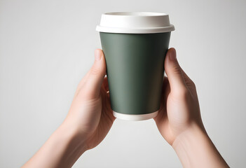 A persons hands are holding green disposable coffee cup, showcasing moment of enjoyment and anticipation. simplicity of design emphasizes everyday pleasure of coffee