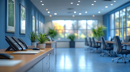 Modern office design showing a conference room with phones, meeting tables, and files neatly arranged, bright and spacious