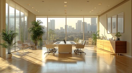 Modern office design showing a conference room with phones, meeting tables, and files neatly arranged, bright and spacious