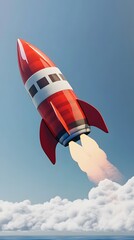 Red rocket launching into the sky with vibrant flames and smoke trails.