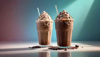 Iced mocha drinks with whipped cream and chocolate drizzle are beautifully presented, showcasing their rich textures and colors. vibrant background enhances their appeal
