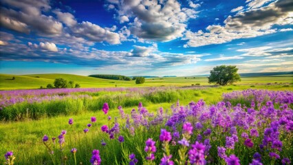 Obraz premium Amidst the rolling hills of the American heartland, delicate Violet wildflowers burst forth beside a verdant meadow, dancing beneath a brilliant cerulean sky.