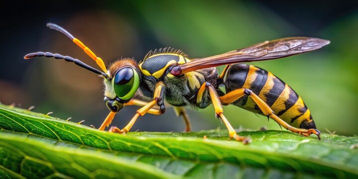 A mud dauber wasp's black and yellow striped body glistens in the light, its iridescent wings glimmering with shades of blue and green.