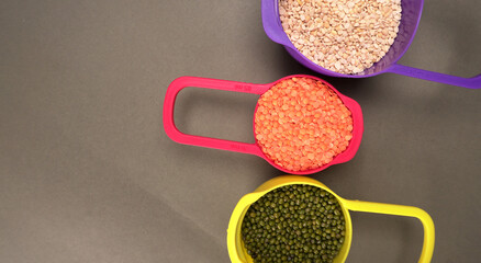 Assorted different types of beans and cereals grains. Set of indispensable sources of protein for a...