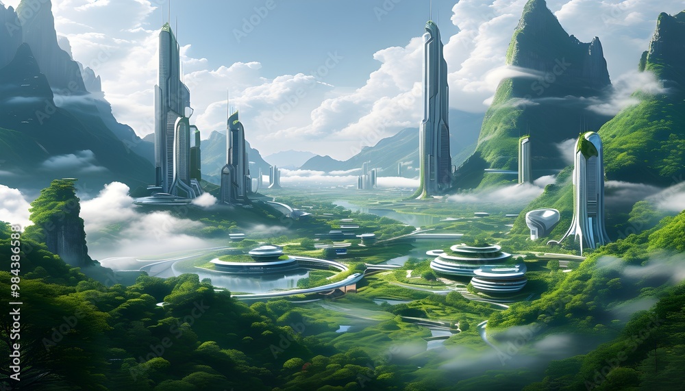 Wall mural Futuristic eco-city surrounded by lush mountains, featuring innovative architecture and sustainable living amidst serene misty valleys.