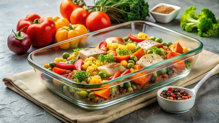 A partially filled glass baking dish highlights the ingredients for a meal preparation that serves 4-6 people.