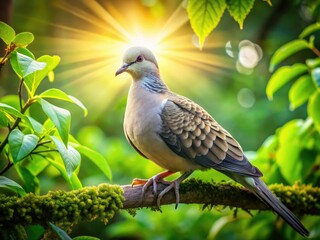 A peaceful dove rests quietly on a tree branch, basking in the warm sunlight that filters through the lush green leaves above.