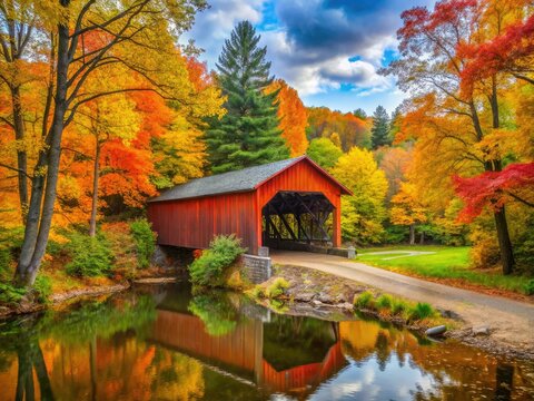 A picturesque covered bridge nestles amidst vibrant autumn colors in Michigan's serene landscape, its rustic charm blending with the natural beauty of the season.